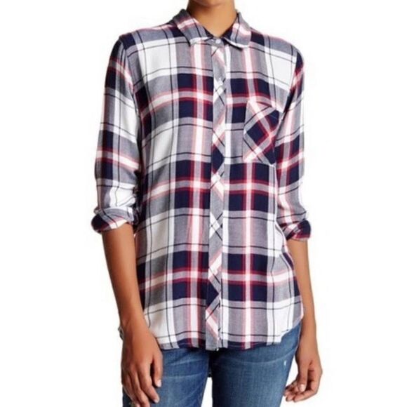 Rails Plaid Long Sleeve Shirt Size XS Red Maroon Blue White Button Front Rayon - Picture 1 of 7